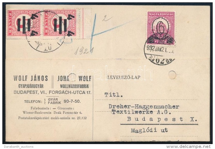 1932 Helyi Lev&eacute;l Port&oacute;zva / Local Cover With Postage Due - Otros & Sin Clasificación