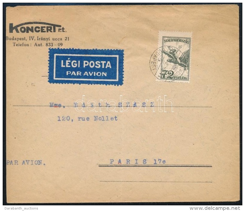 1931 L&eacute;gi Lev&eacute;l 72f B&eacute;rmentes&iacute;t&eacute;ssel P&aacute;rizsba / Airmail Cover To Paris - Otros & Sin Clasificación