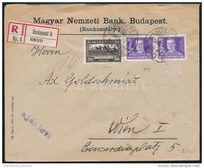 1930 Aj&aacute;nlott Lev&eacute;l 72f B&eacute;rmentes&iacute;t&eacute;ssel B&eacute;csbe / Registered Cover To... - Otros & Sin Clasificación