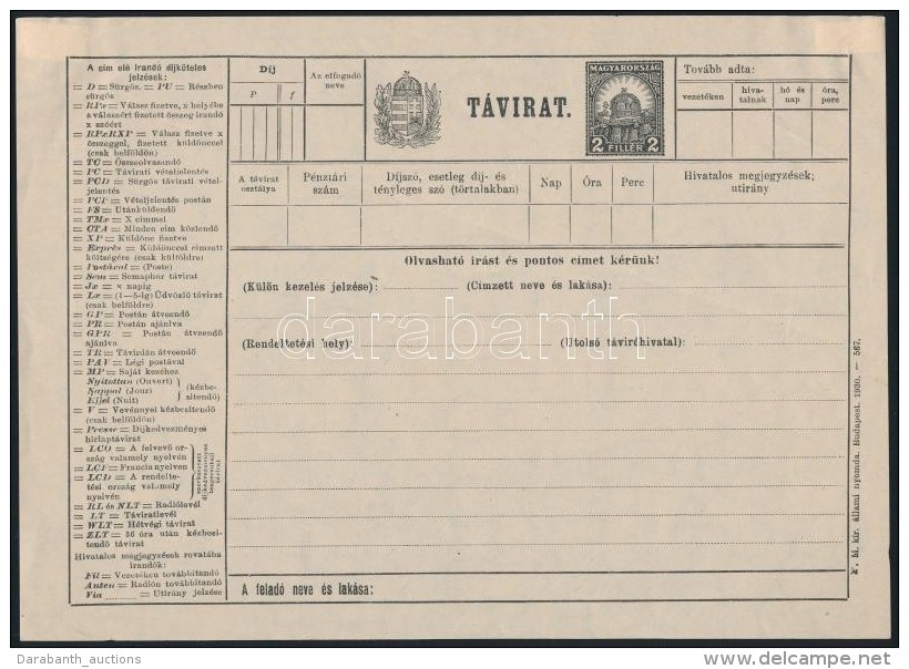 1930 2f D&iacute;jjegyes T&aacute;virat, Haszn&aacute;latlan / PS-Telegramm, Unused - Autres & Non Classés