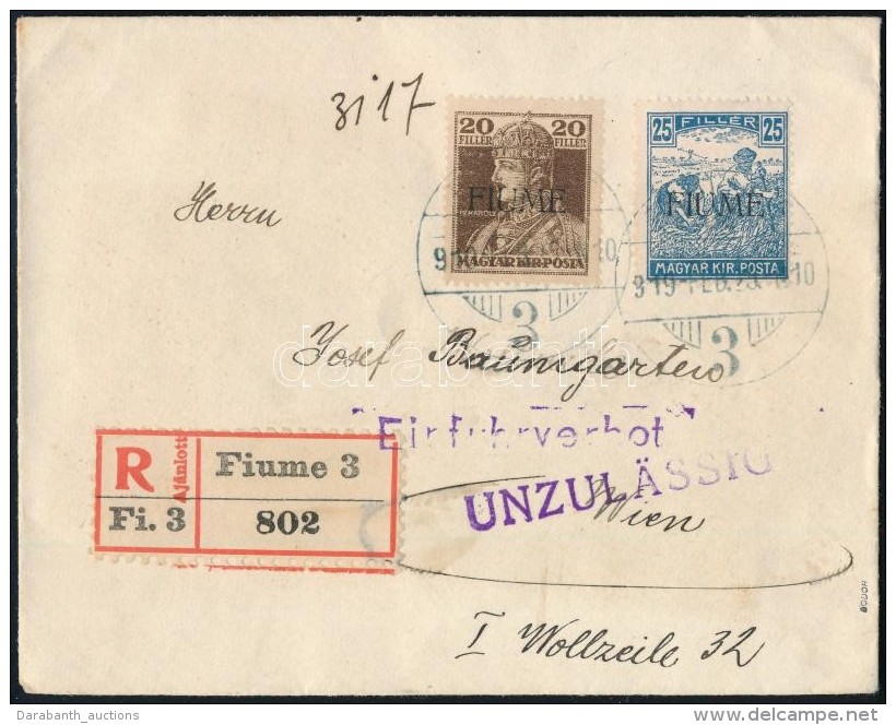 Fiume 1919 Aj&aacute;nlott Lev&eacute;l B&eacute;csbe, Visszair&aacute;ny&iacute;tva / Registered Cover To Vienna,... - Otros & Sin Clasificación