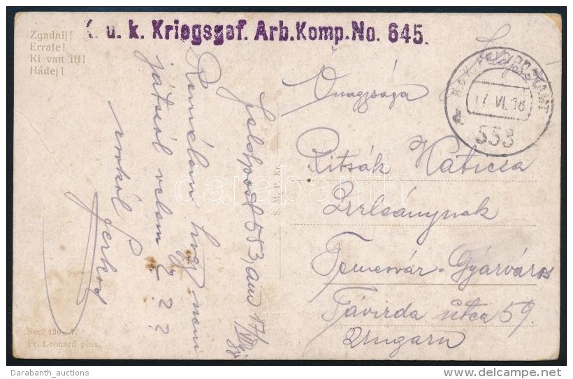 1918 T&aacute;bori Posta K&eacute;peslap / Field Postcard 'K.u.K. Kriegsgef. Arb. Komp. No 645.' , 'K.u.K. FP 553' - Otros & Sin Clasificación