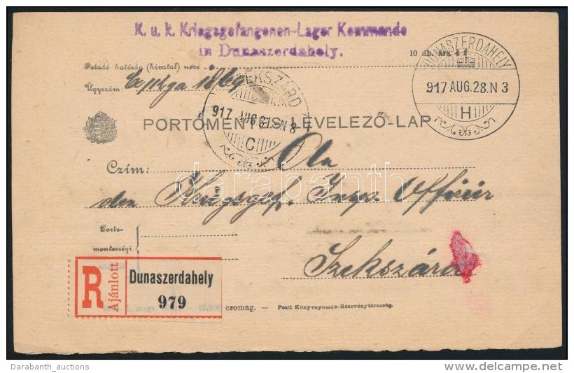1917 Aj&aacute;nlott LevelezÅ‘lap / Registered Cover 'K.u.k. Kriegsgefangenen-Lager Kommando In Dunaszerdahely' - Otros & Sin Clasificación