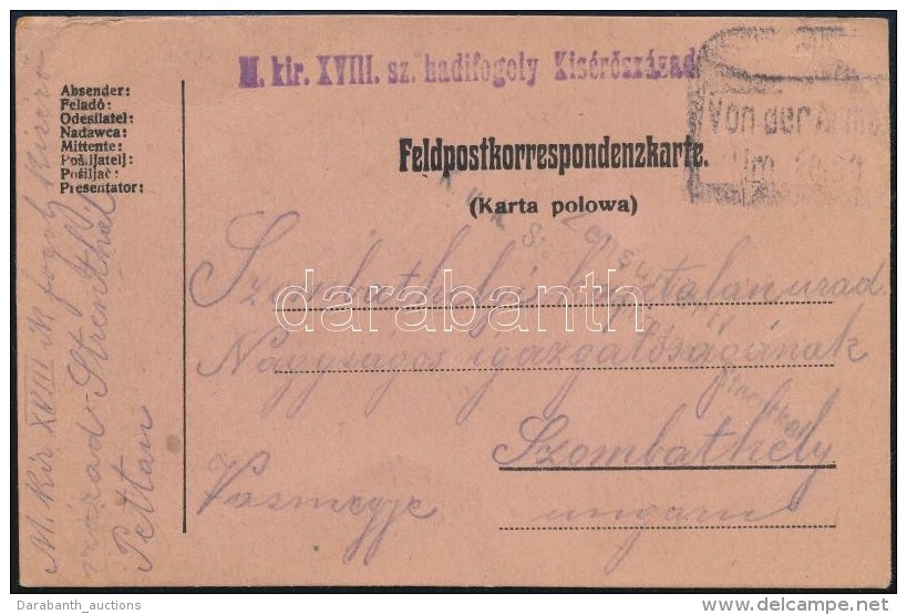 1917 T&aacute;bori Posta LevelezÅ‘lap / Field Postcard 'M.kir. XVIII. Sz. Hadifogoly... - Otros & Sin Clasificación