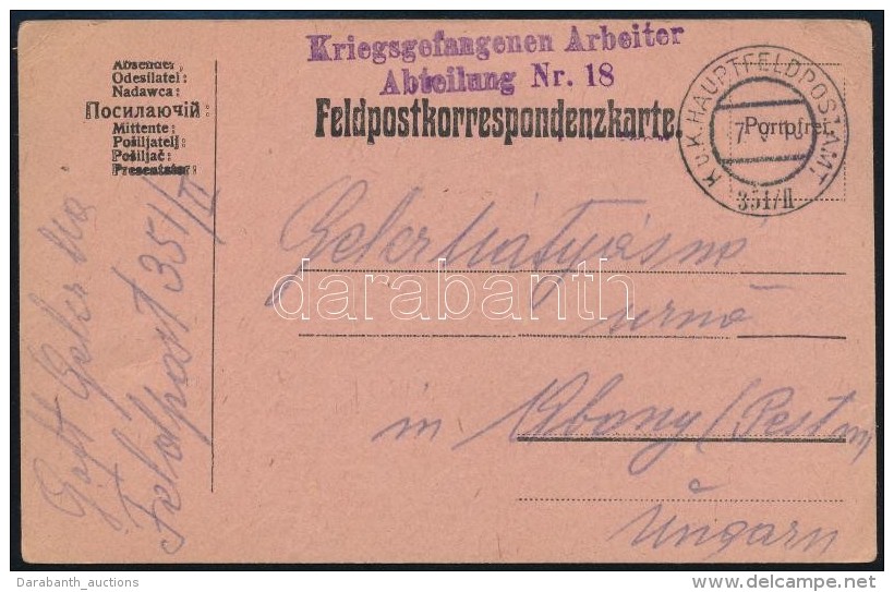 1916 T&aacute;bori Posta LevelezÅ‘lap / Field Postcard 'Kriegsgefangenen Arbeiter Abteilung Nr. 18' , 'K.u.K.... - Otros & Sin Clasificación