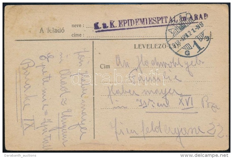 1918 T&aacute;bori Posta LevelezÅ‘lap / Field Postcard 'K.u.k. EPIDEMIESPITAL In ARAD' + 'ARAD 1G' - Autres & Non Classés