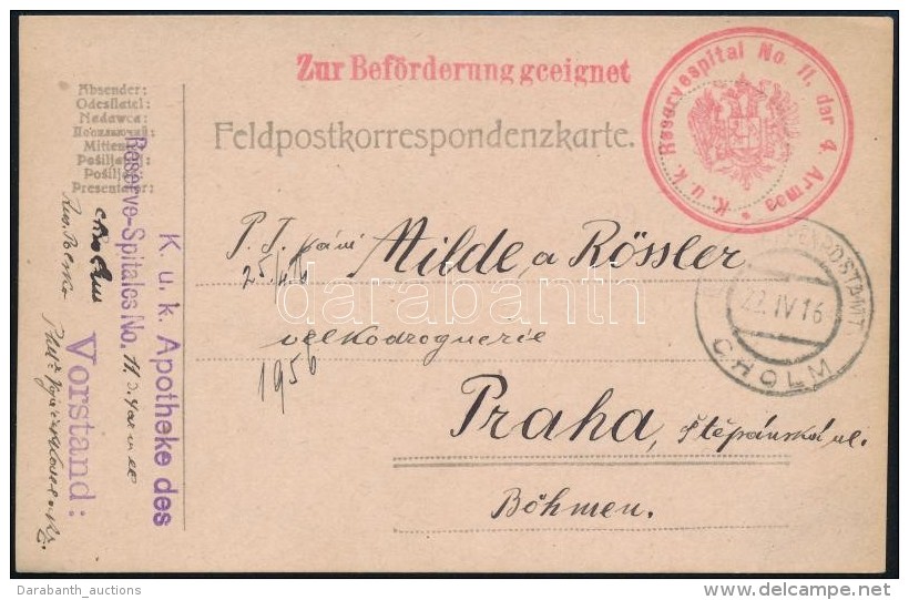 1916 T&aacute;bori Posta LevelezÅ‘lap / Field Postcard 'K.u.k. Apotheke Des Reserve-Spitales No.11.' + 'EP CHOLM' - Autres & Non Classés