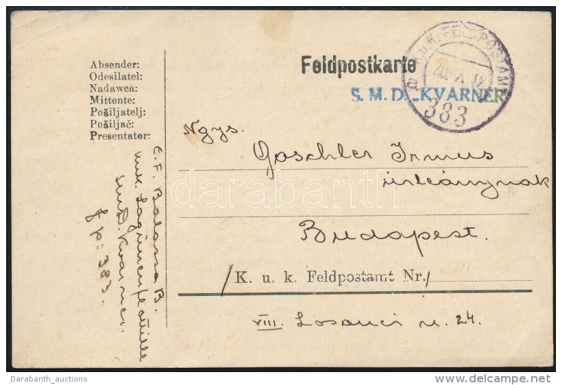 1918 Kuk Lagunaflotta T&aacute;bori Posta LevelezÅ‘lap / Field Postcard 'S.M.D. KVARNER' + 'FP 383' - Otros & Sin Clasificación