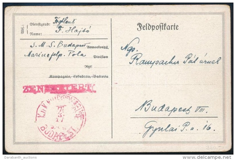 1917 K&eacute;peslap / Field Postcard Piros / Red 'S.M.S. BUDAPEST' - Autres & Non Classés