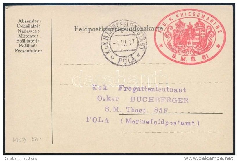 1917 T&aacute;bori Posta LevelezÅ‘lap / Field Postcard 'K.u.K. KRIEGSMARINE / S.M.B 61' , 'K.u.K. MFP POLA' - Autres & Non Classés