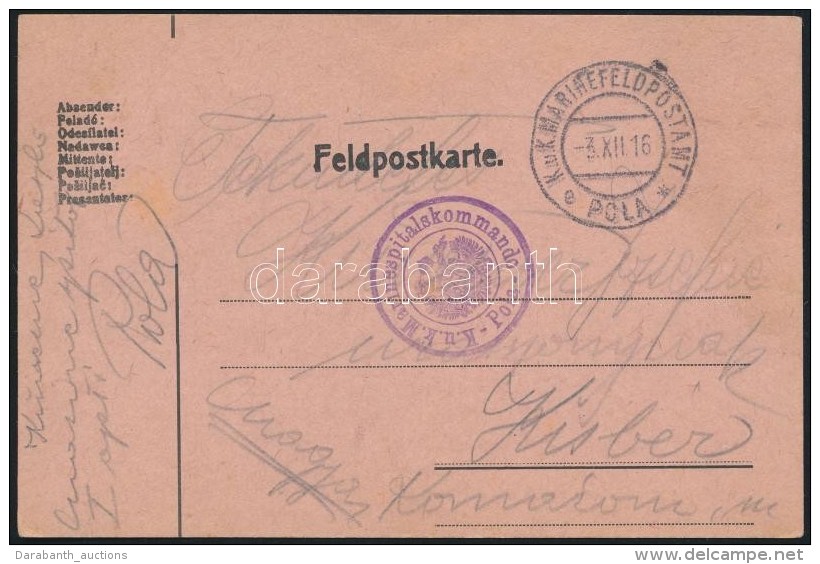 1916 T&aacute;bori Posta LevelezÅ‘lap / Field Postcard 'K.u.k. Marinespitalskommando Pola' + 'MFP POLA A' - Autres & Non Classés