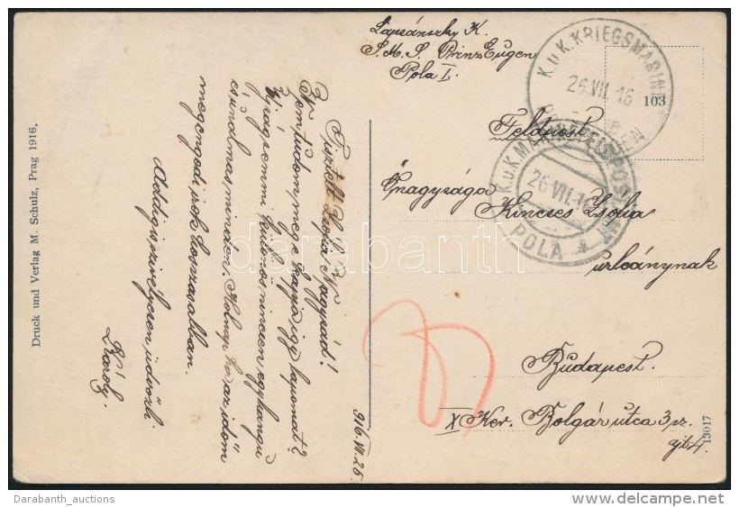 1916 T&aacute;bori Posta K&eacute;peslap Haj&oacute;post&aacute;val / Field Postcard 'K.u.k. KRIEGSMARINE PRINZ... - Otros & Sin Clasificación