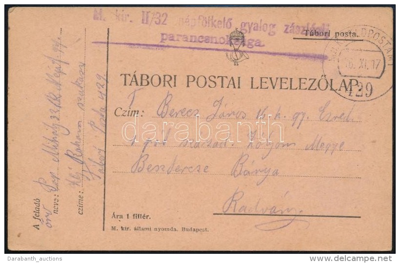 1917 T&aacute;bori Posta LevelezÅ‘lap / Field Postcard 'M.kir. II/32 N&eacute;pf&ouml;lkelÅ‘ Gyalog... - Autres & Non Classés