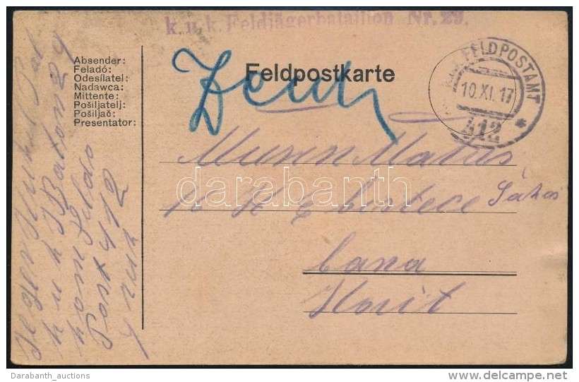 1917 T&aacute;bori Posta LevelezÅ‘lap / Field Postcard 'K.u.k. Feldj&auml;gerbataillon Nr.29.' + 'FP 412' - Autres & Non Classés