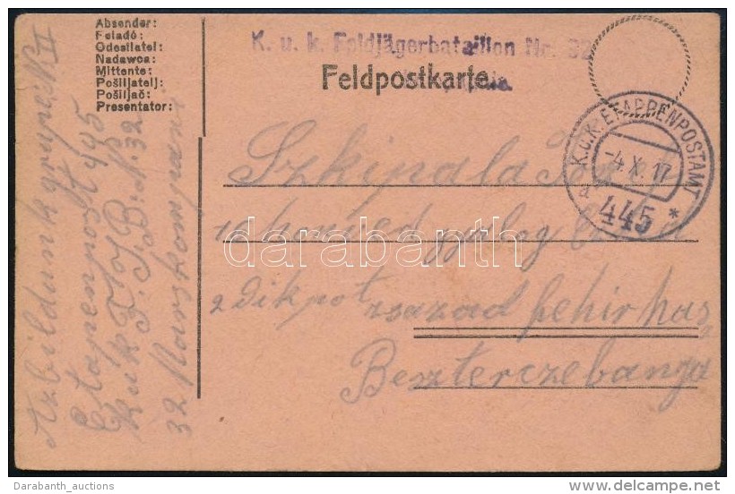 1917 T&aacute;bori Posta LevelezÅ‘lap / Field Postcard 'K.u.k. Feldj&auml;gerbataillon Nr.32.' + 'EP 445 A' - Autres & Non Classés