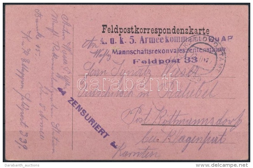 1917 T&aacute;bori Posta LevelezÅ‘lap / Field Postcard 'K.u.k. 5. Armeekommando Mannschaftsrekonvaleszentenstation'... - Otros & Sin Clasificación