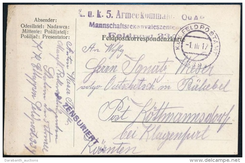 1917 T&aacute;bori Posta LevelezÅ‘lap / Field Postcard 'K.u.k. 5. Armeekommando Mannschaftsrekonvaleszentenstation'... - Autres & Non Classés