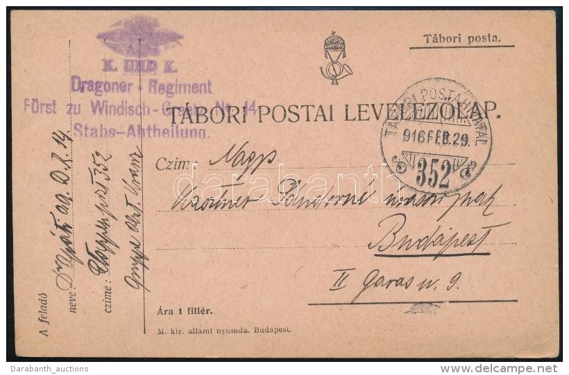 1916 T&aacute;bori Posta LevelezÅ‘lap / Field Postcard 'K. UND K. Dragoner - Regiment F&uuml;rst Zu Windisch -... - Otros & Sin Clasificación