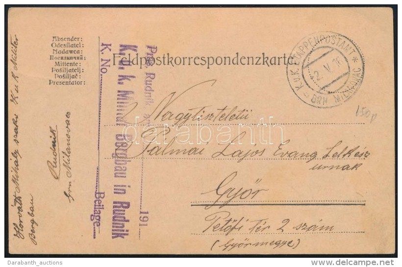 1916 T&aacute;bori Posta LevelezÅ‘lap / Field Postcard 'K.u.k. Militar Bergbau In Rudnik' + 'EP GRN MILANOVAC B' - Autres & Non Classés
