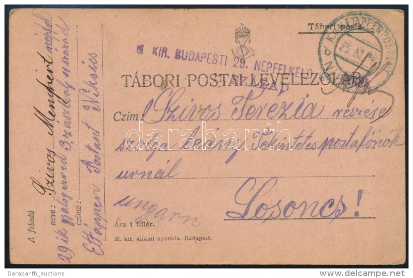 1916 T&aacute;bori Posta LevelezÅ‘lap / Field Postcard 'M. KIR. BUDAPESTI 29. N&Eacute;PFELKELÅ GYALOG 11.... - Otros & Sin Clasificación