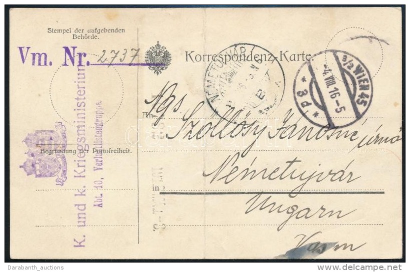 1916 T&aacute;bori Posta LevelezÅ‘lap / Field Postcard 'K. Und K. Kriegsministerium Abt.10. Verlustlistengruppe'... - Autres & Non Classés