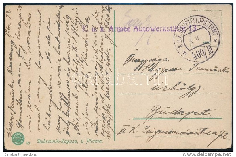 1916 T&aacute;bori Posta K&eacute;peslap / Field Postcard 'K.u.k. Armee Autowerkst&auml;tte 13' + 'HP 400/III A' - Otros & Sin Clasificación