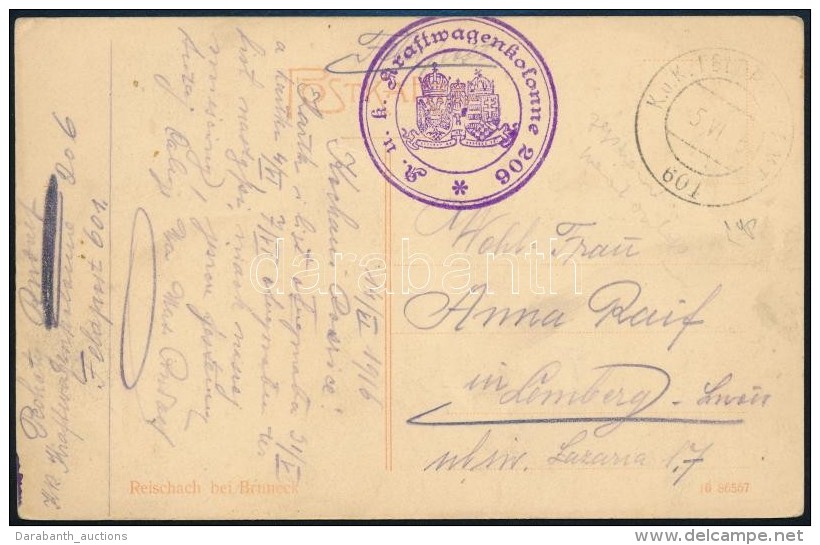1916 T&aacute;bori Posta K&eacute;peslap / Field Postcard 'K.u.k. Kraftwagenkolonne 206' - Autres & Non Classés