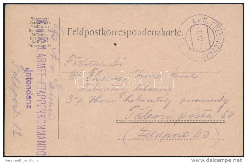 1914 T&aacute;bori Posta LevelezÅ‘lap / Field Postcard 'K.u.K. 1. ARMEE-ETAPPENKOMMANDO Jntendanz' + 'FP 12' - Otros & Sin Clasificación