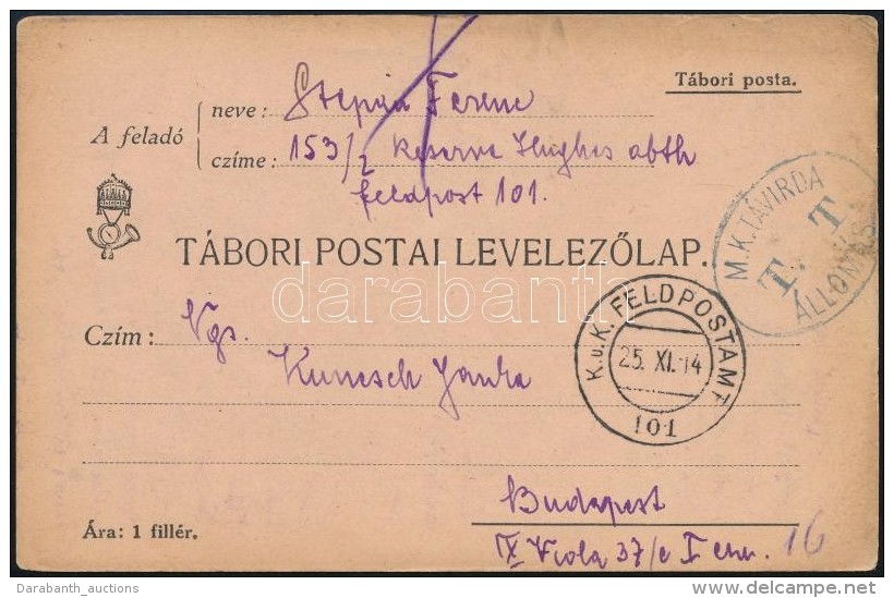1914 T&aacute;bori Posta LevelezÅ‘lap / Field Postcard 'M.K. T&Aacute;VIRDA T.T. &Aacute;LLOM&Aacute;S' - Otros & Sin Clasificación