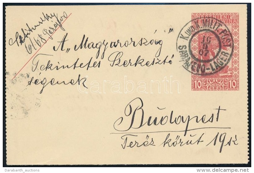 1907 D&iacute;jjegyes Z&aacute;rt LevelezÅ‘lap/ PS Cover-card ,,MP SARAJEVO - LAGER' - Budapest - Autres & Non Classés