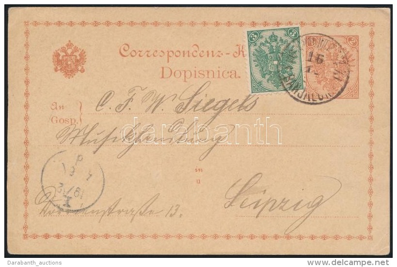 1891 2 Kr D&iacute;jjegyes LevelezÅ‘lap 3kr D&iacute;jkieg&eacute;sz&iacute;t&eacute;ssel Lipcs&eacute;be /  2kr... - Otros & Sin Clasificación