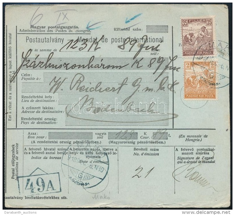 1918 Postautalv&aacute;ny 37f B&eacute;rmentes&iacute;t&eacute;ssel / Money Order 'MAK&Oacute;' - Other & Unclassified