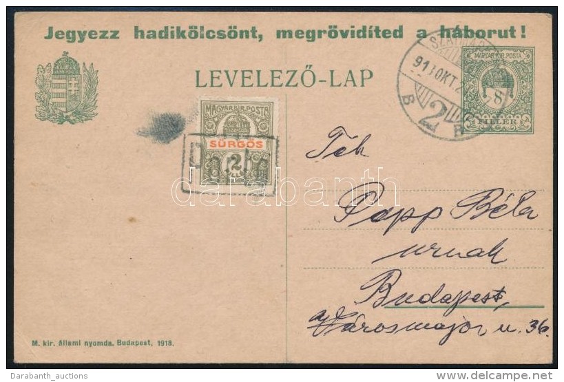 1918 8f D&iacute;jjegyes LevelezÅ‘lap 2f Sz&uuml;ks&eacute;gport&oacute;val / PS-card With Auxiliary Postage Due... - Otros & Sin Clasificación