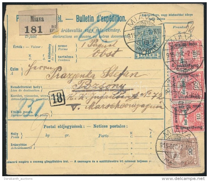 1915 Csomagsz&aacute;ll&iacute;t&oacute; 54f B&eacute;rmentes&iacute;t&eacute;ssel / Parcel Card 'MIAVA' - Pozsony - Otros & Sin Clasificación