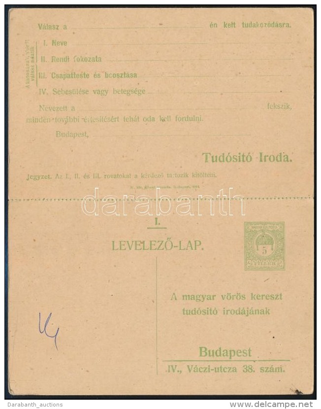 1914 Haszn&aacute;latlan V&ouml;r&ouml;skeresztes V&aacute;laszos Tudakoz&oacute; Lap / Red Cross Inquiry PS-card,... - Otros & Sin Clasificación