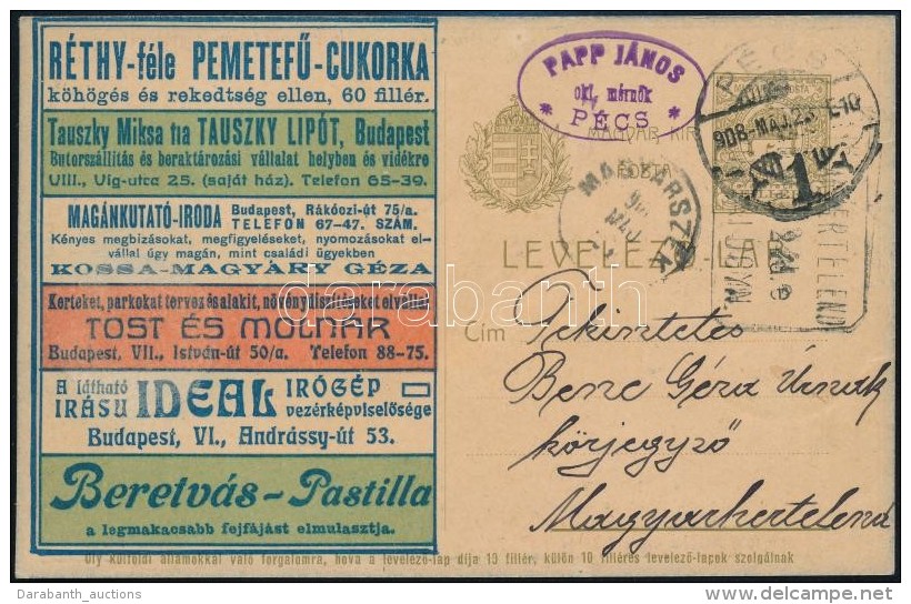 1908 5f Hirdet&eacute;si LevelezÅ‘lap / Advertising Postcard 'P&Eacute;CS' - Magyarhertelend - Otros & Sin Clasificación