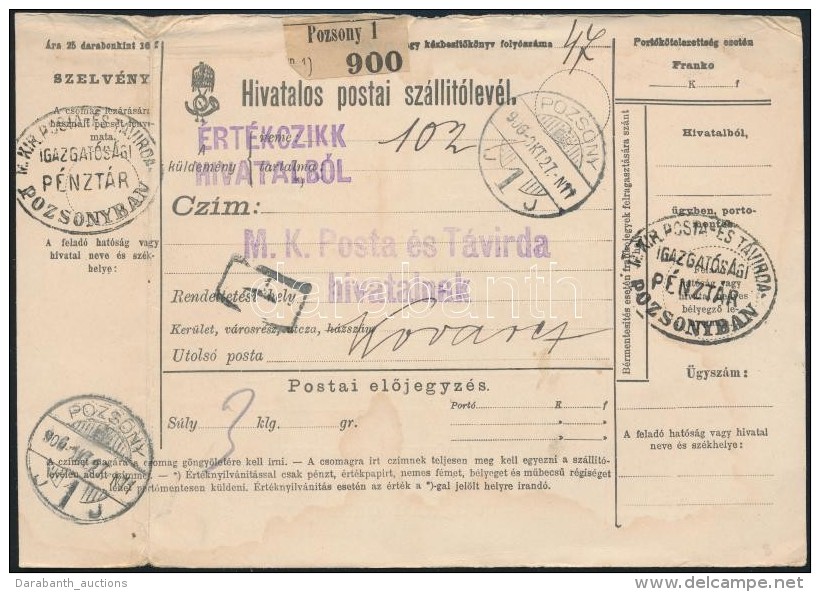 1906 Hivatalos Postai Sz&aacute;ll&iacute;t&oacute;lev&eacute;l Pozsonyb&oacute;l Kovarcra, Nyitrai... - Other & Unclassified