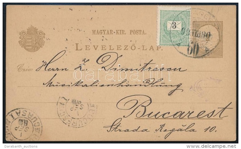1899 2kr D&iacute;jjegyes LevelezÅ‘lap 3kr D&iacute;jkieg&eacute;sz&iacute;t&eacute;ssel Bukarestbe / PS-card With... - Other & Unclassified