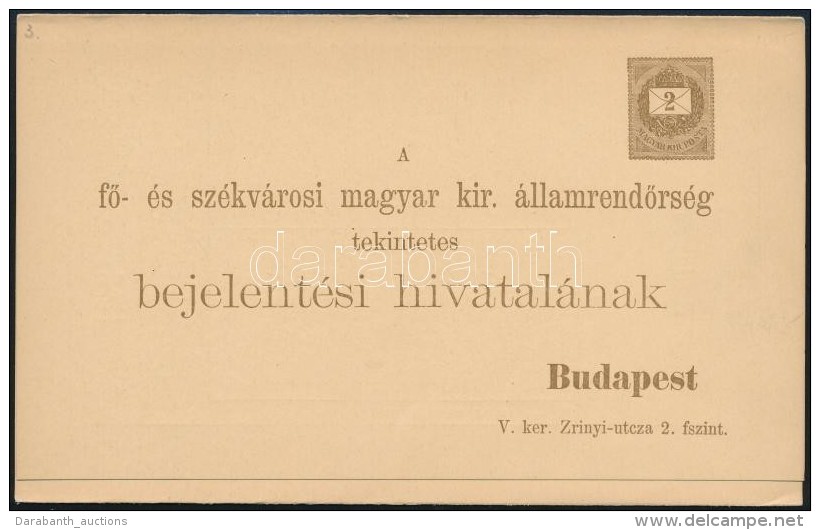 1897 2kr Haszn&aacute;latlan D&iacute;jjegyes RendÅ‘rs&eacute;gi BejelentÅ‘ Lap Barna Sz&iacute;nben, Sz&eacute;p... - Other & Unclassified