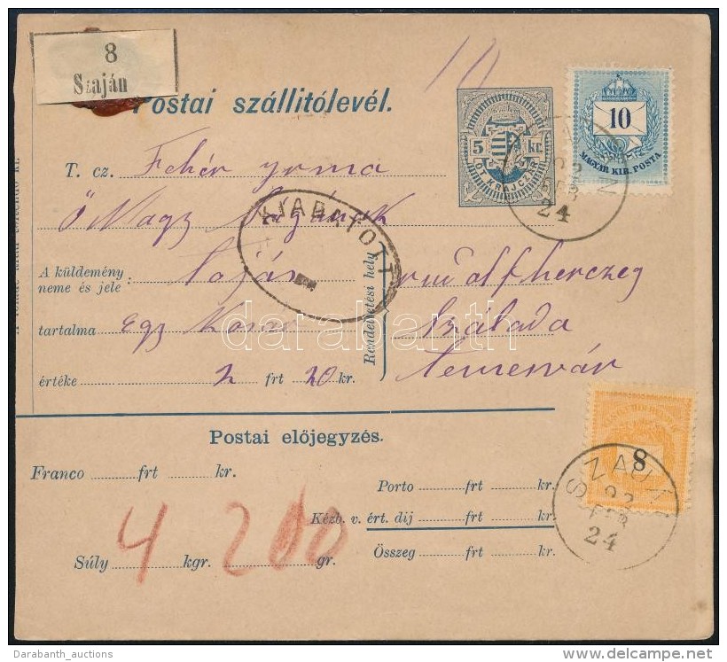 1892 8kr + 10kr Postai Sz&aacute;ll&iacute;t&oacute;lev&eacute;len / On Parcel Card 'SZAJ&Aacute;N' -... - Otros & Sin Clasificación