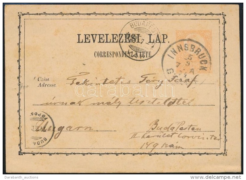 1874 2kr D&iacute;jjegyes LevelezÅ‘lap Innsbruckb&oacute;l Budapestre, Port&oacute;z&aacute;s N&eacute;lk&uuml;l... - Otros & Sin Clasificación