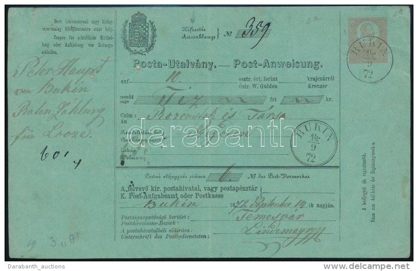 1872 Teljes D&iacute;jjegyes Postautalv&aacute;ny / Complete PS-money Order 'BUKIN' - Otros & Sin Clasificación