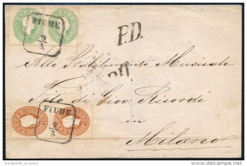 1863 2 X 3kr + 10kr P&aacute;r / Pair Lev&eacute;len Olaszorsz&aacute;gba / On Cover To Italy 'FIUME' - Milano - Otros & Sin Clasificación