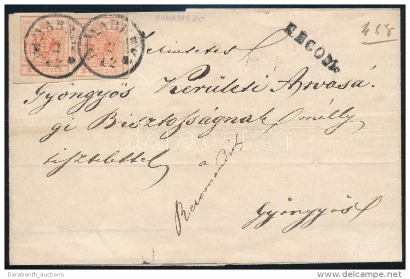 1856 2 X 3kr Aj&aacute;nlott Lev&eacute;len / On Registered Cover 'RIMABREZO' (Gudlin 400 P) (h&aacute;toldali... - Otros & Sin Clasificación