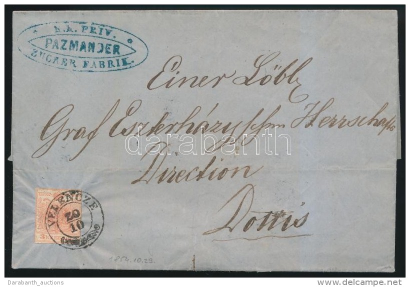 1854 3kr Liliputi V&aacute;g&aacute;ssal / With Lilipit Cutting  Lev&eacute;le / On Cover 'VELENCZE' - 'PESTH' -... - Otros & Sin Clasificación