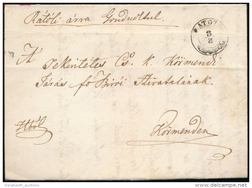 ~1847 Hivatalos Port&oacute;s Lev&eacute;l / Official Unpaid Cover '(R)&Aacute;TOT(H)' - Otros & Sin Clasificación