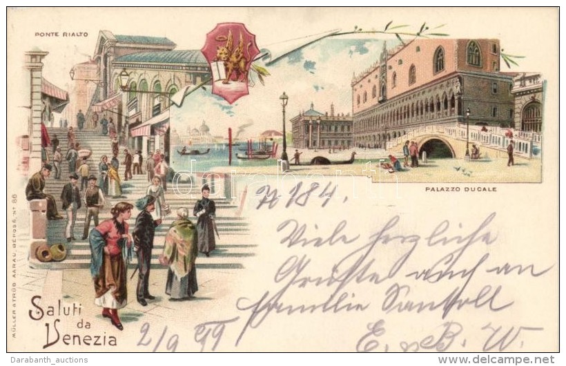 T2 1899 Venice, Venezia; Ponte Rialto, Palazzo Ducale / Bridge, Palace. M&uuml;ller &amp; Tr&uuml;b No. 86. Floral... - Non Classés