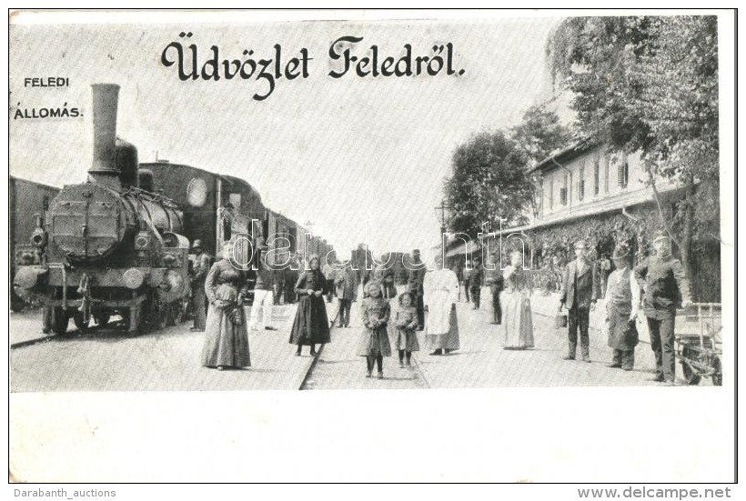 T4 Feled, Veladin, Jesensk&eacute;; Vas&uacute;t&aacute;llom&aacute;s GÅ‘zmozdonnyal / Railway Station, Locomotive... - Sin Clasificación