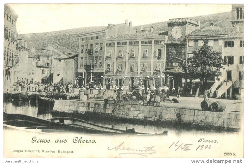 T2 Cres, Cherso; Piazza / Port Square With Market And Clock Tower - Sin Clasificación