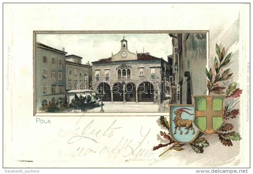 T4 Pola, Passepartoutkarte Von F.W. Schrinner, Pola. Coat Of Arms, Emb. Litho (cut) - Sin Clasificación